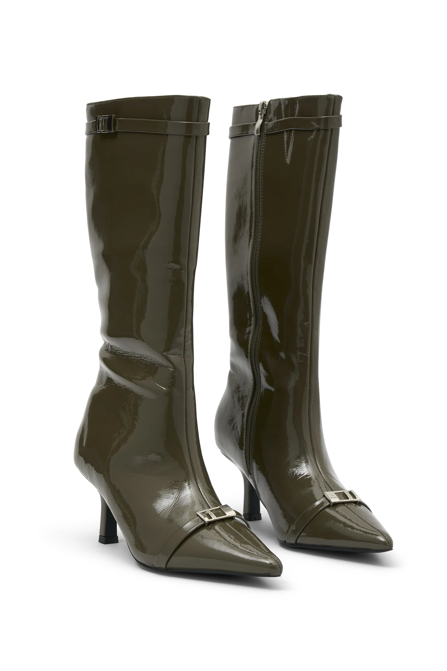 Astra Patent Faux Leather Buckle Boot - Khaki