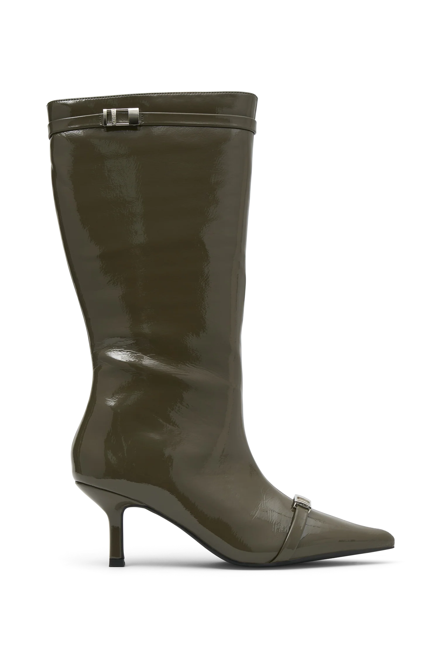 Astra Patent Faux Leather Buckle Boot - Khaki