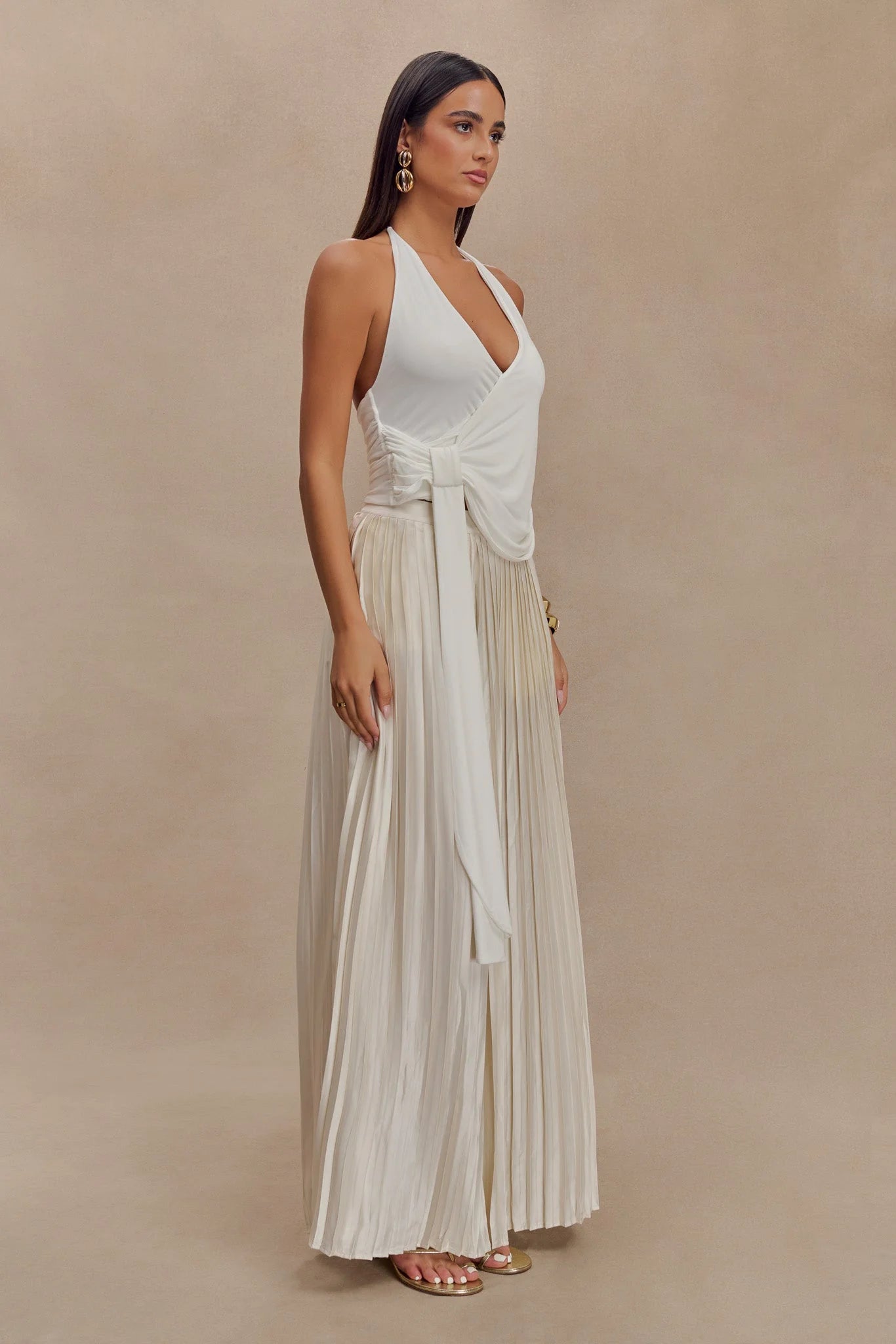 Tyla Draped Slinky Halter Top - White