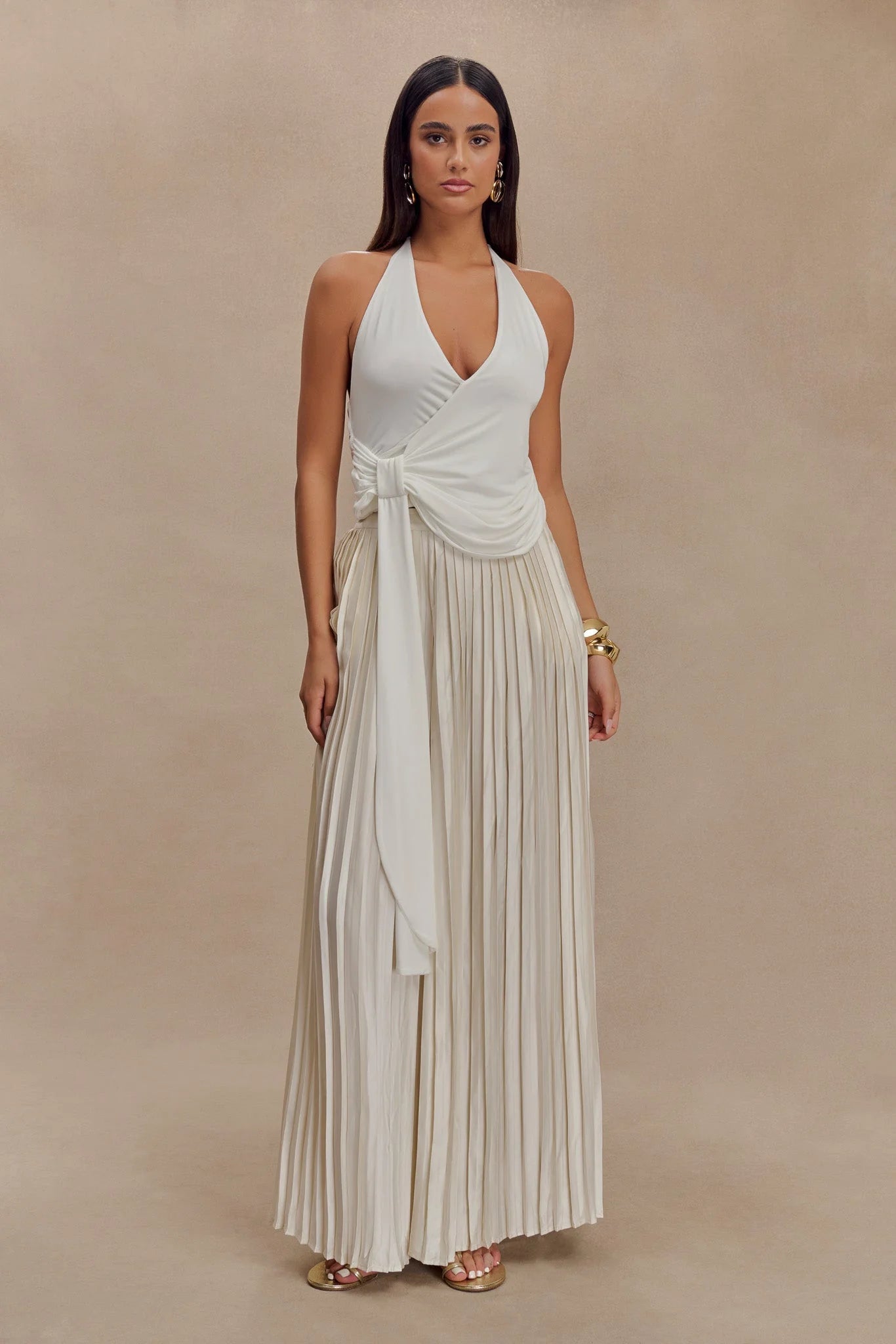 Tyla Draped Slinky Halter Top - White