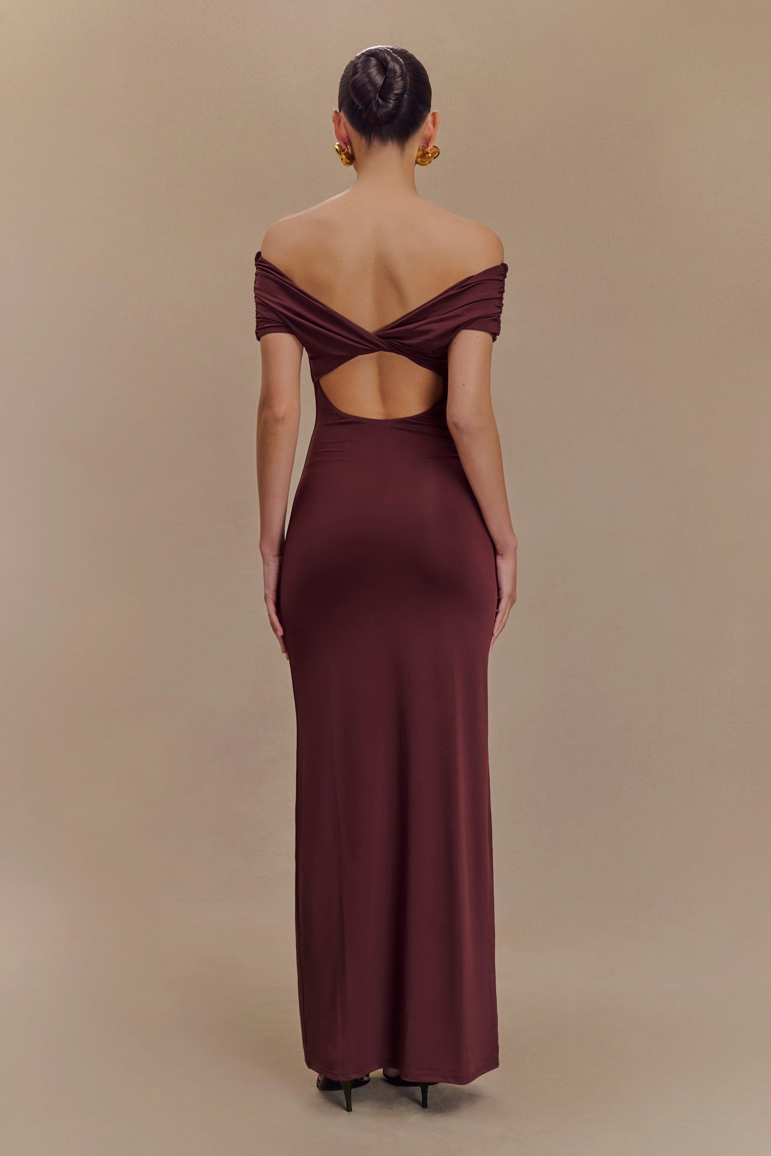 Imogen Off Shoulder Slinky Maxi Dress - Mahogany