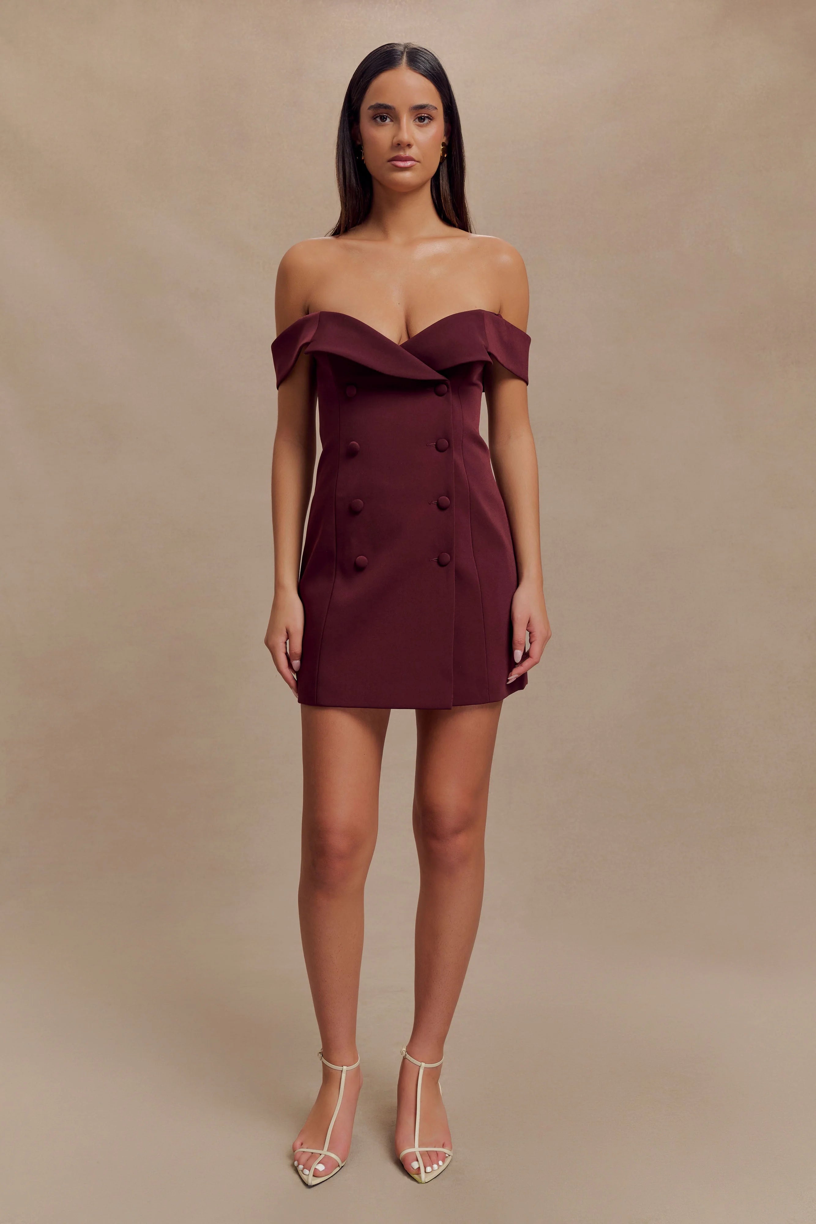 Noelle Off Shoulder Suiting Mini Dress - Mahogany