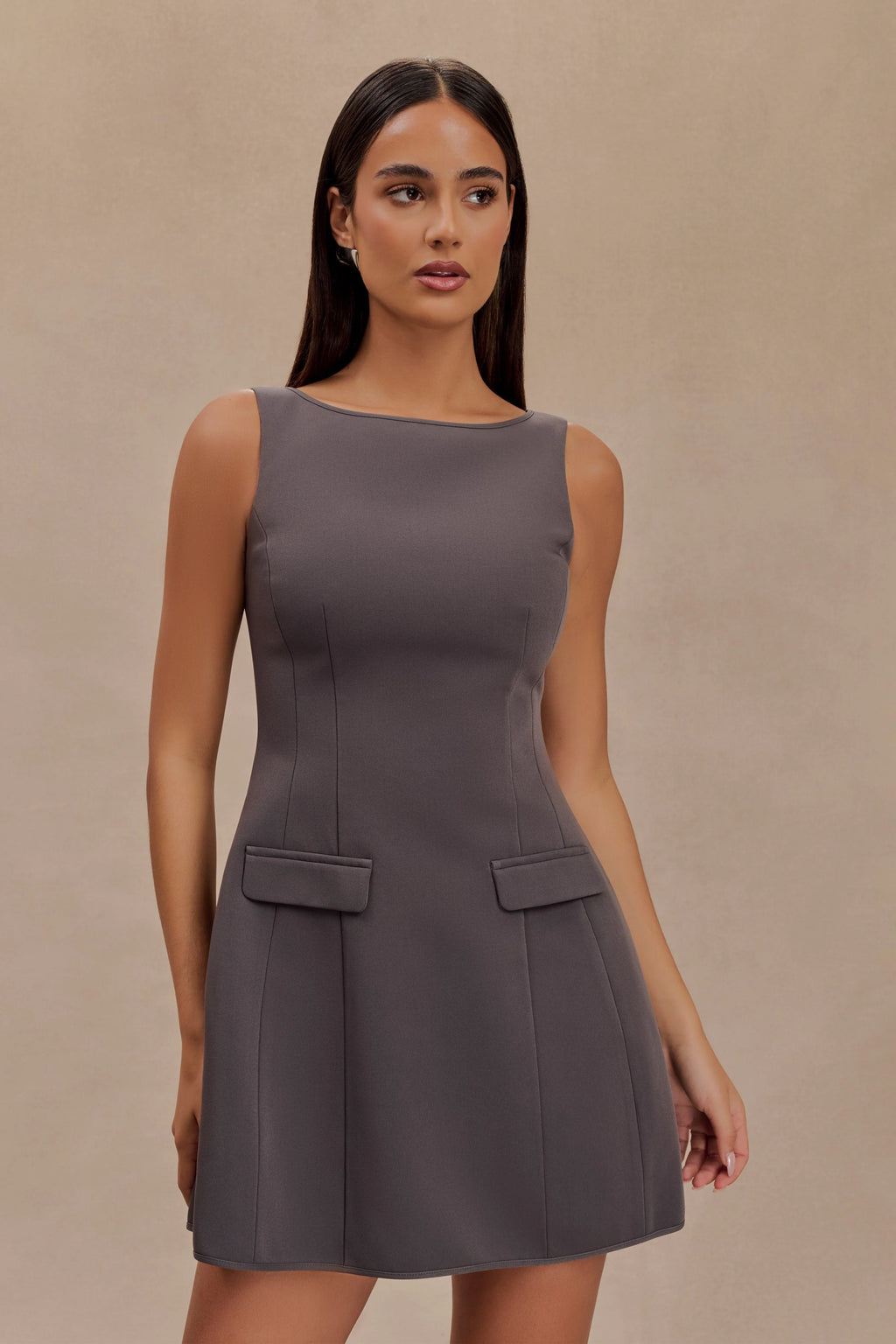 Evanna Sleeveless Suiting Mini Dress - Charcoal Grey