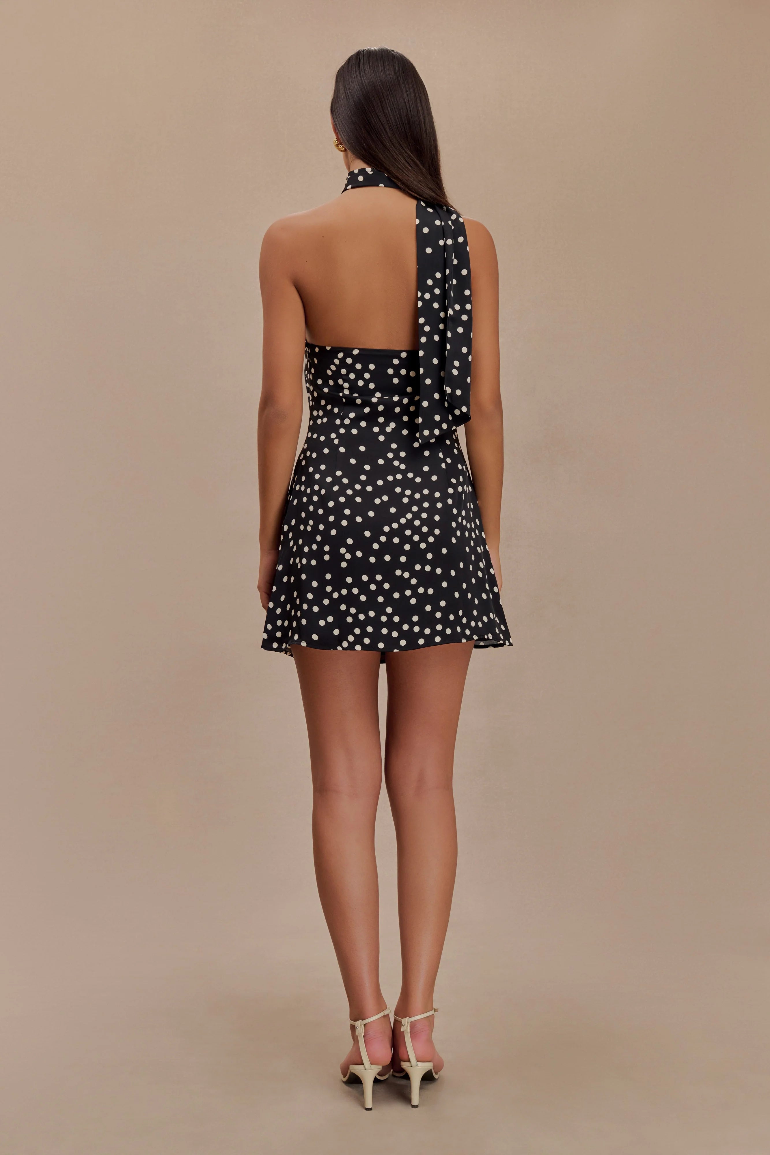 Joan Satin Asymmetrical Mini Dress - Black Polka Dot Print
